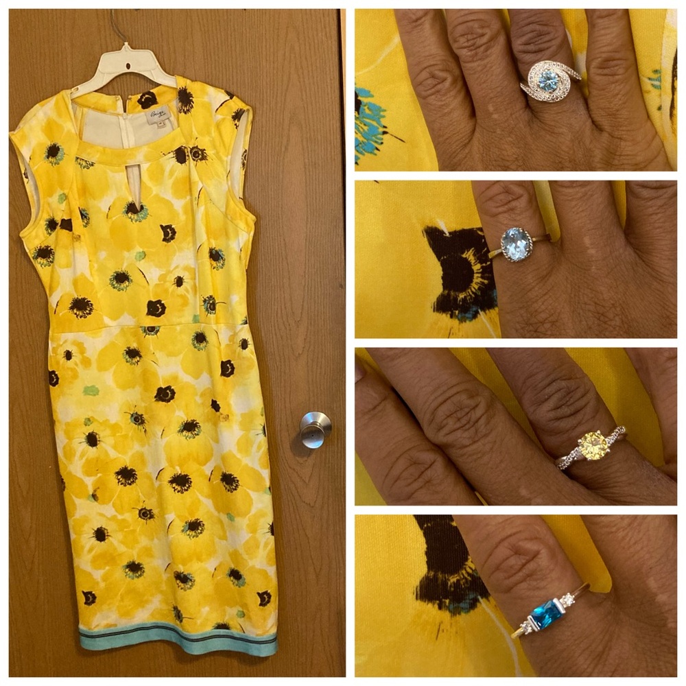 Size 14 yellow multi-color dress with browns & turquoise blue accents by ECI.